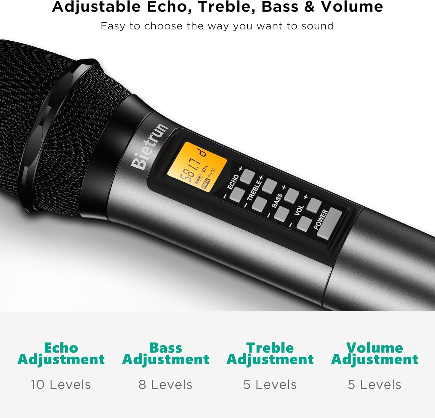 Bietrun 4-Channel UHF Wireless Microphone System with Echo, Treble, Bass, 160ft Range, Metal Handheld Dynamic Mics, Auto Connect - Image 2