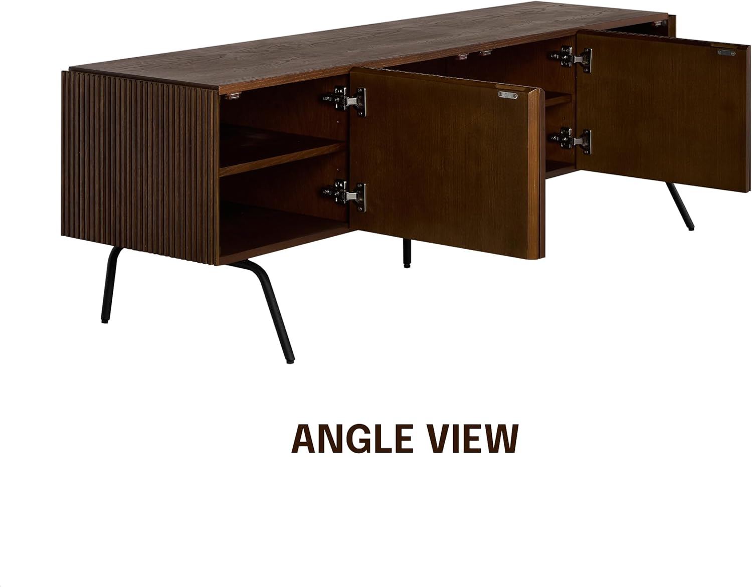 NTC Dark Walnut Veil TV Stand 75 inch Capacity 4 Doors Groove Design Metal Legs - Image 6