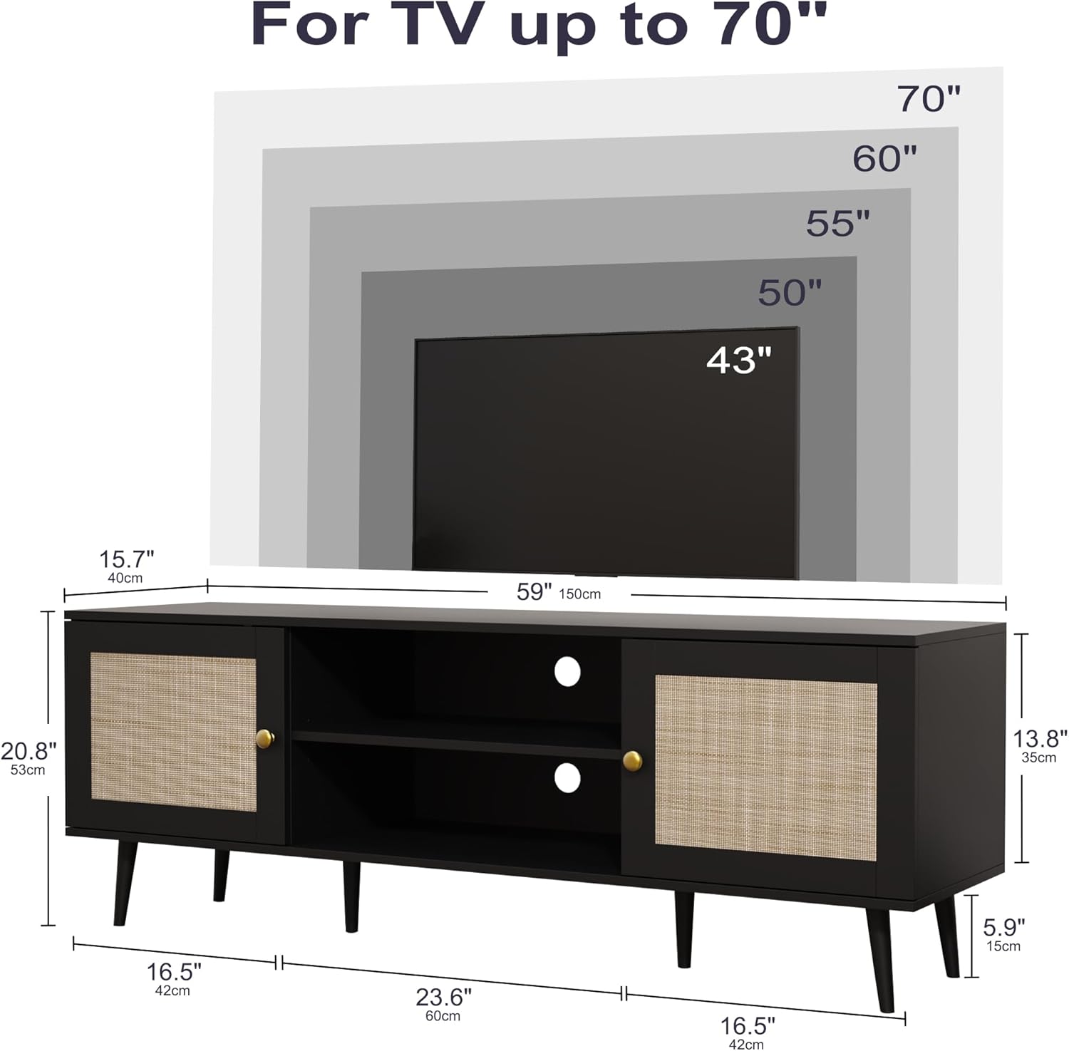 Black 59 Inch Rattan TV Stand for 55-70 Inch TVs, Boho Media Console with Storage and Adjustable Shelf - Image 2
