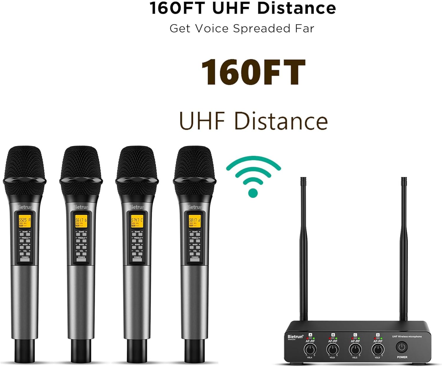 Bietrun 4-Channel UHF Wireless Microphone System with Echo, Treble, Bass, 160ft Range, Metal Handheld Dynamic Mics, Auto Connect - Image 3