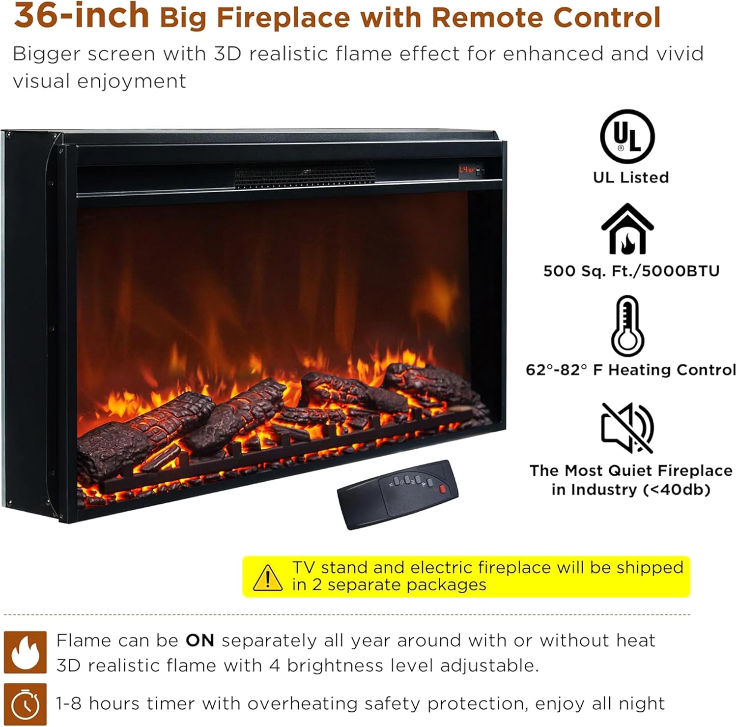 Farmhouse 70 Inch Black TV Stand with 36 Inch Electric Fireplace for TVs up to 80 Inches - Image 2