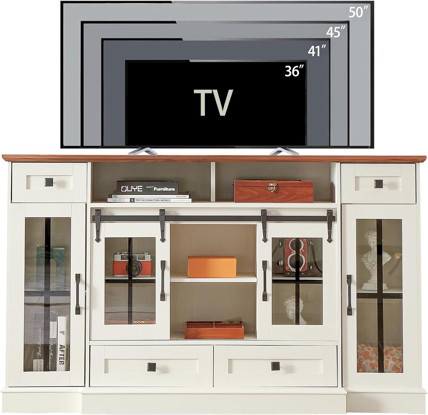 Antique White 59.2 Inch TV Stand for TVs up to 65 Inches with Sliding Doors and Open Storage - Image 4
