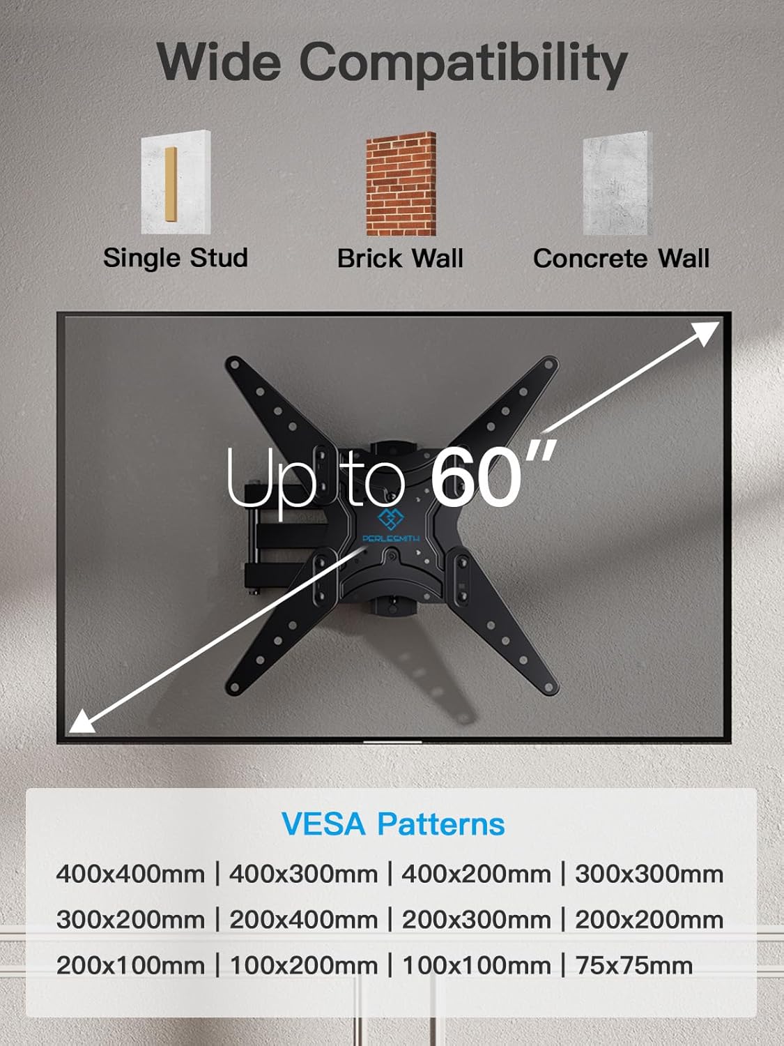 PERLESMITH Full Motion TV Wall Mount for 26-60 Inch TVs, Articulating Arms, Tilt, Swivel, Extension, VESA 400x400, Max 77 lbs - Image 2