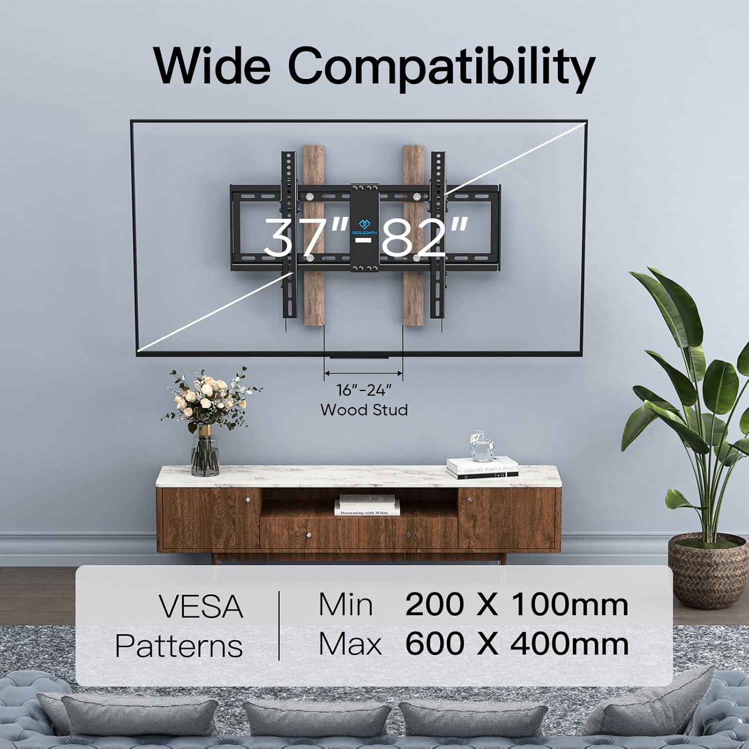PERLESMITH 37-82 inch TV Wall Mount Bracket, UL Listed Universal Tilt Up to 132 lbs, 16-24" Studs, VESA 600x400mm, Low Profile - Image 2
