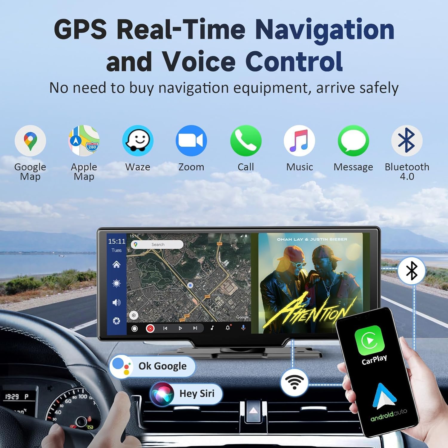 10.26 Inch Wireless Portable Carplay Screen with 4K Dash Cam, Bluetooth and GPS Navigation - Image 3