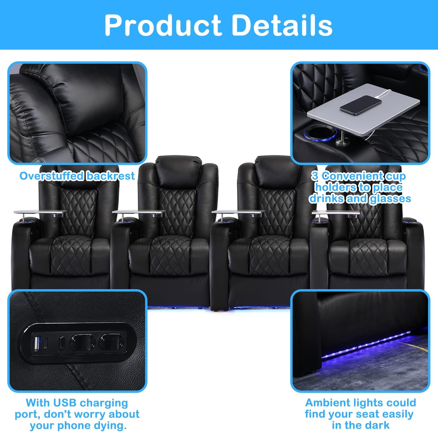 Black Top Grain Leather 4-Seat Home Theater Recliner Sofa with Power Headrest, Tray Table, and USB Charging - Image 5