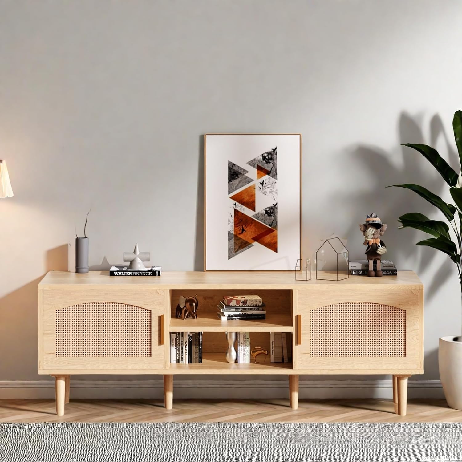 Natural Wood Fluted Entertainment Center TV Stand for TVs up to 60 Inches with Rattan Doors - Image 5