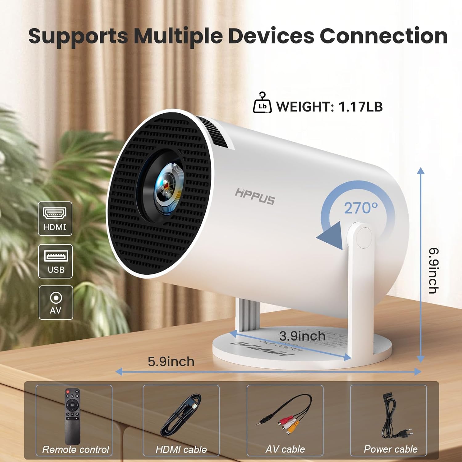 Smart Mini Portable Projector 350ANSI Android 11.0 WiFi Bluetooth 180° Adjustable Stand White - Image 8
