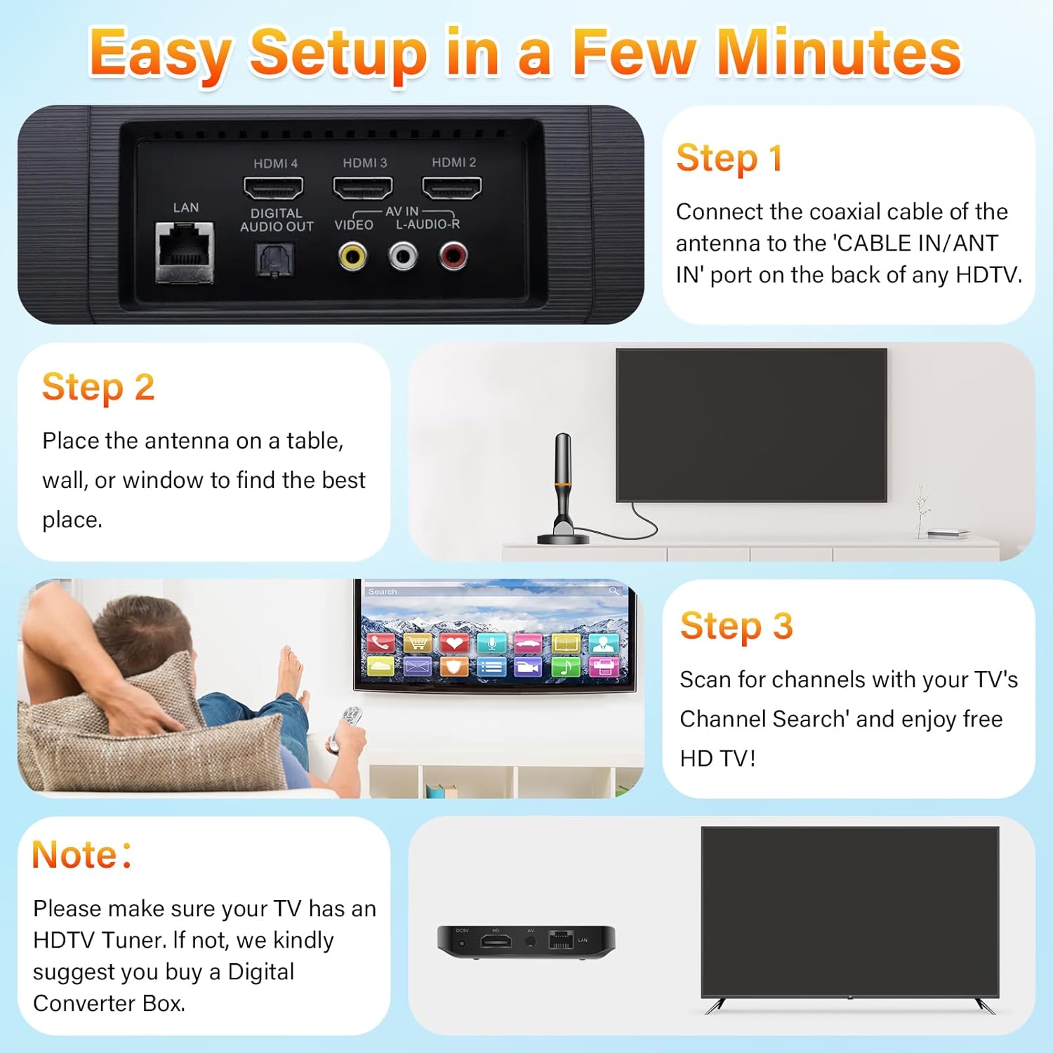 Smart TV Indoor Digital Antenna 50 Mile Range with Magnetic Base for 4K 1080P Local Channels - Image 4