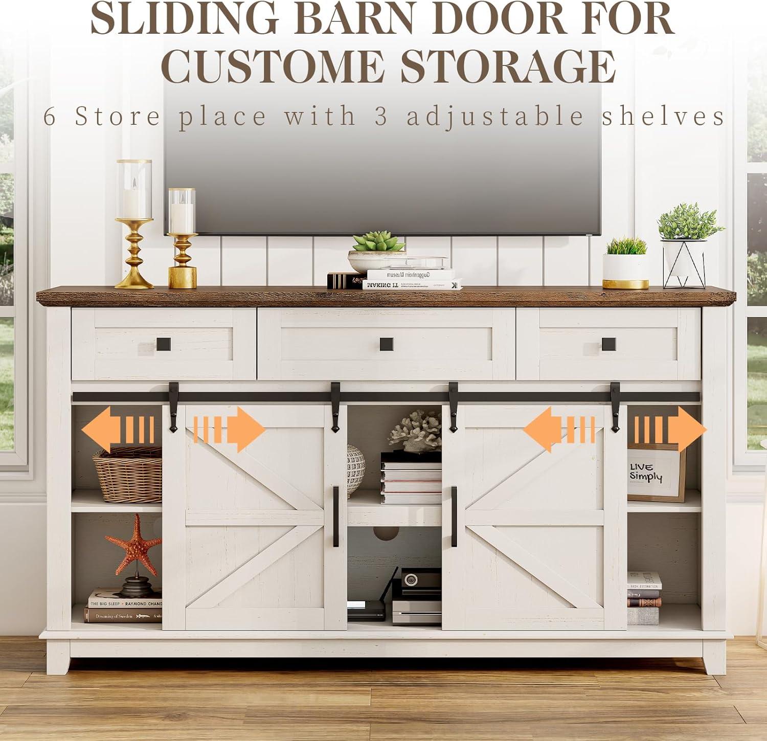 59 Inch Rustic White Barnwood Farmhouse TV Stand with Sliding Door and Drawer Buffet Storage - Image 3