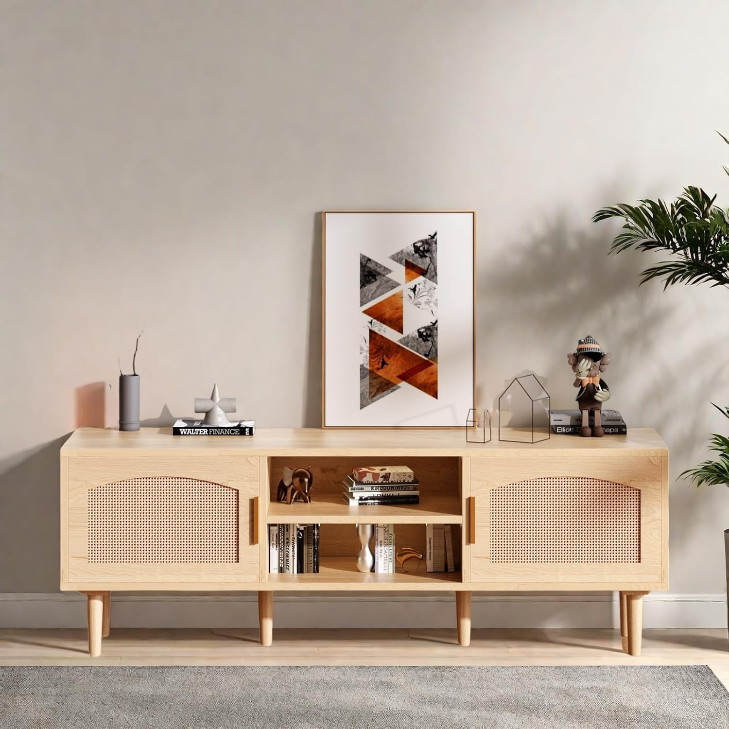 Natural Wood Fluted Entertainment Center TV Stand for TVs up to 60 Inches with Rattan Doors - Image 6