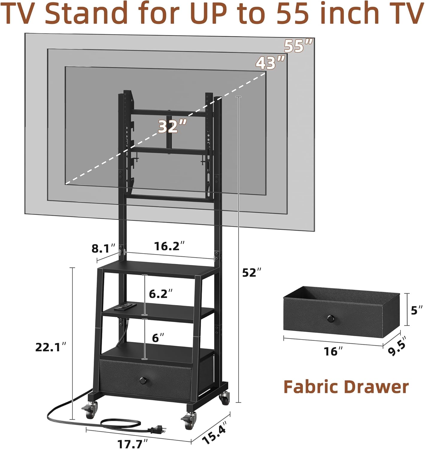 Rolling TV Stand with Mount and Fabric Drawer - 15 Inch Black Entertainment Center - Image 6