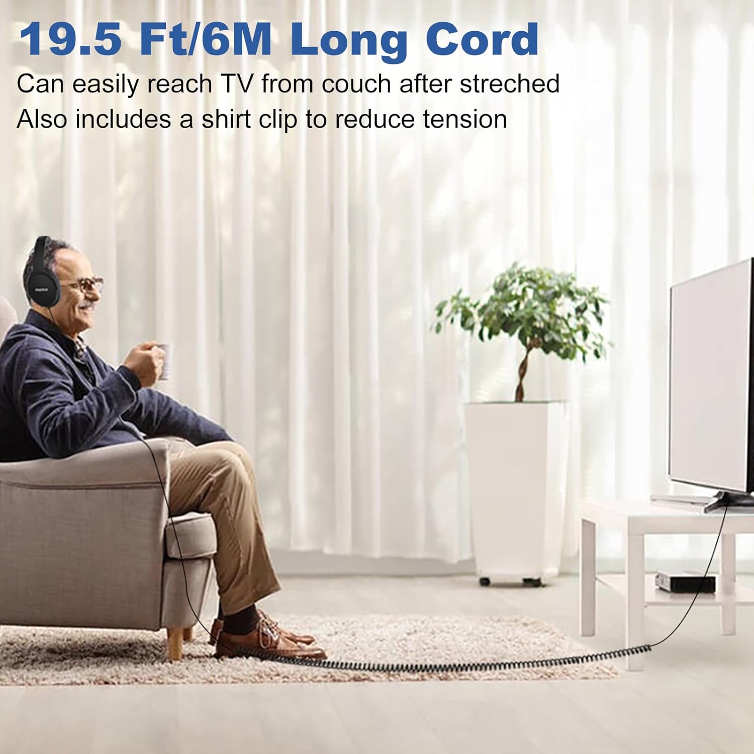 19.5ft Extra Long Wired Over-Ear Headphones with Volume Control for TV PC Seniors - Image 2