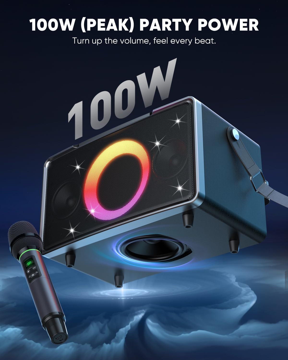 Silver Portable Bluetooth Speaker 100W, 15 Hour Playtime, Large 5" Subwoofer, LED Light Show, Fast Charging, 1 Microphone - Image 2