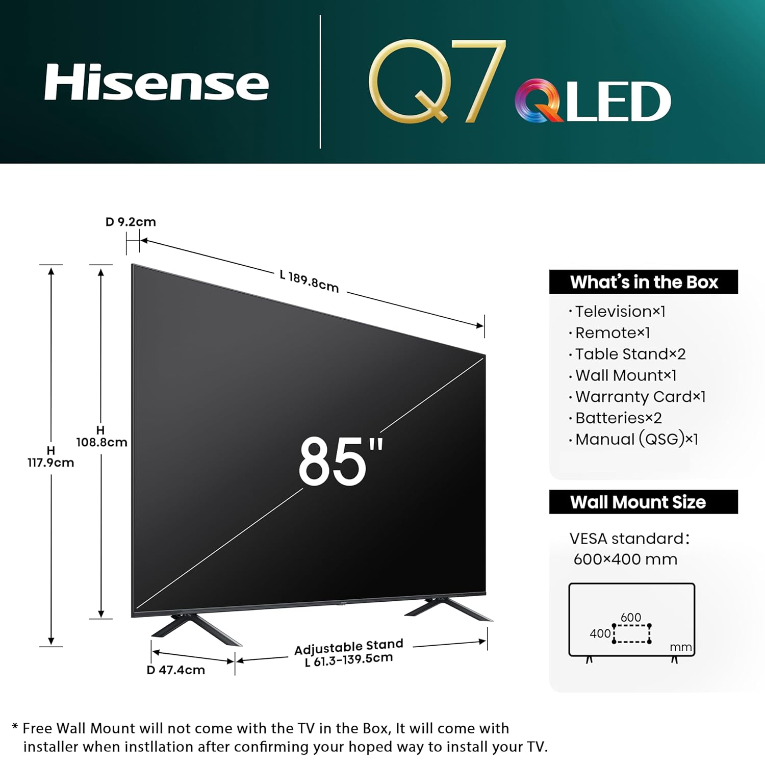 Hisense 85 Inch QLED Smart 4K Ultra HD TV 85Q7N Dark Grey - Image 4