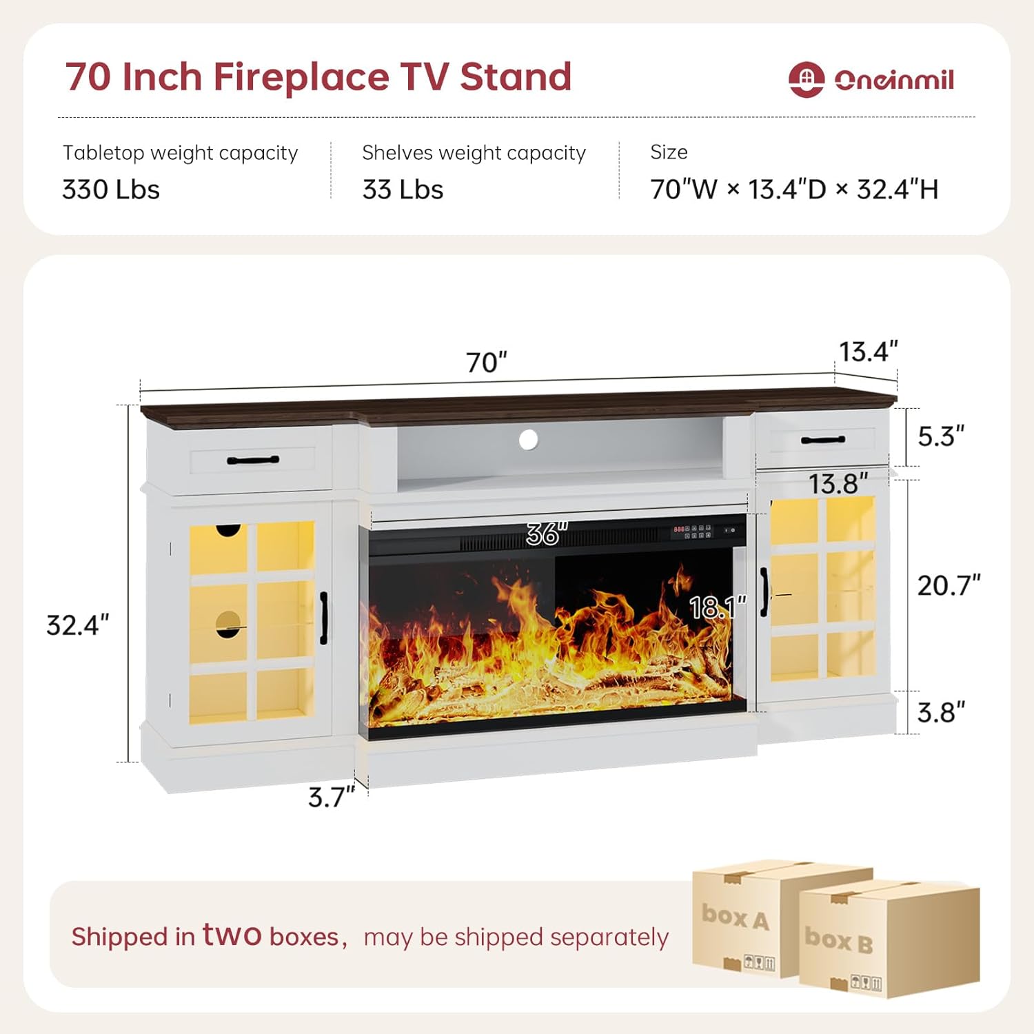 oneinmil 70 Inch Farmhouse White Fireplace TV Stand with 36 Inch Electric Fireplace and LED Lights - Image 8