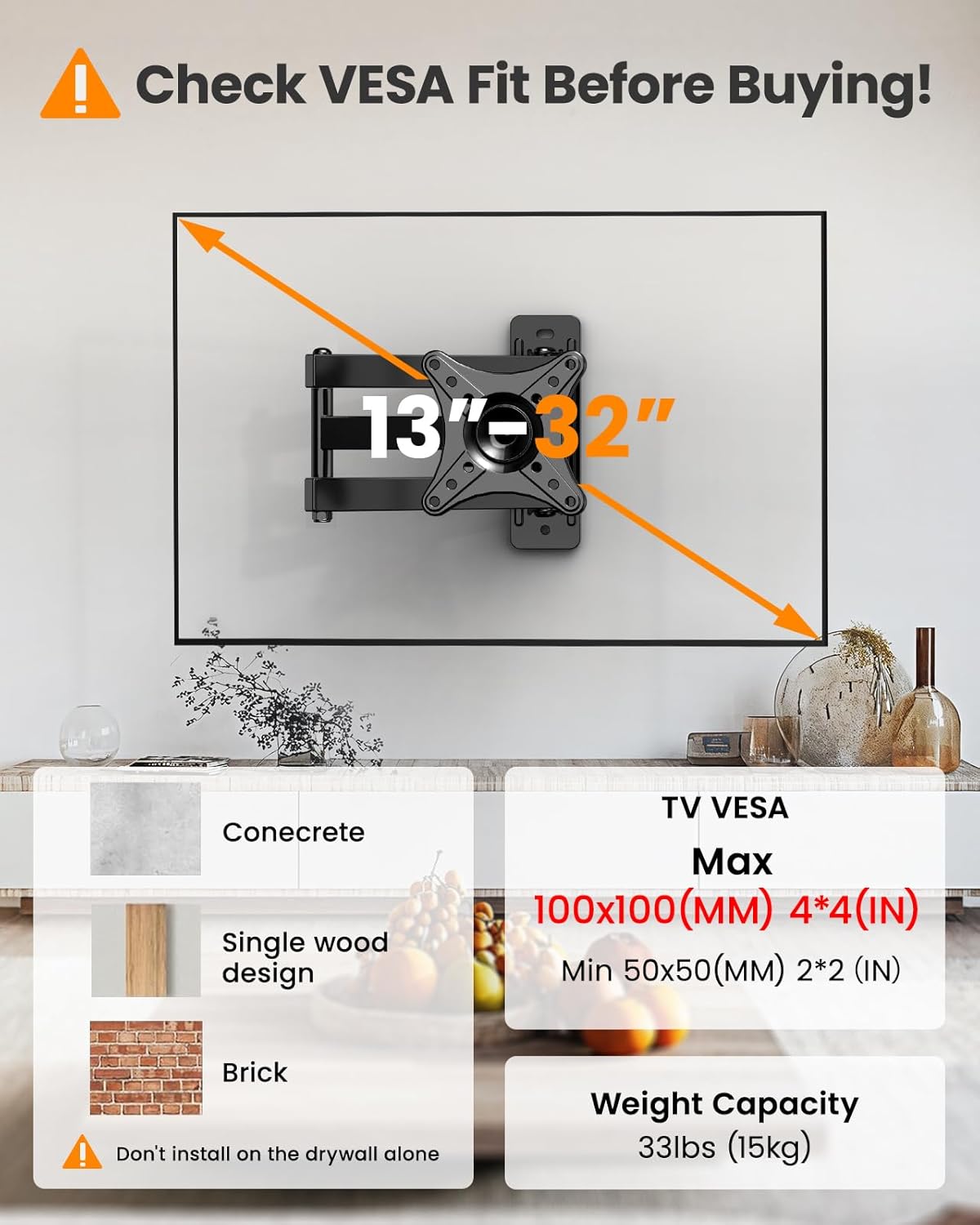 Articulating Full Motion TV Monitor Wall Mount Bracket 13-32 Inch LED LCD Flat Curved Screen 360° Rotation Swivel Tilt Extension Max VESA 100x100mm up to 33lbs - Image 5