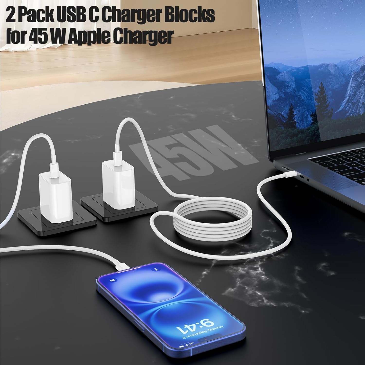 2-Pack 45W USB C PD 3.0 Fast Charger Block with 10FT Cable for iPhone 16/15, iPad Pro, MacBook Air/Pro - Image 5