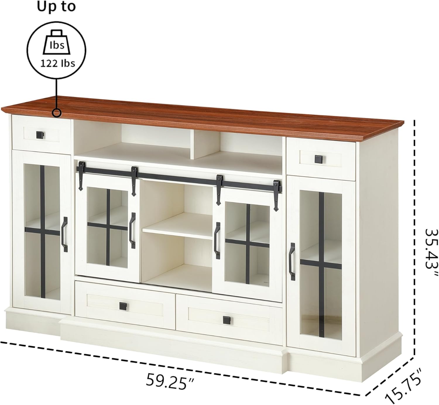 Antique White 59.2 Inch TV Stand for TVs up to 65 Inches with Sliding Doors and Open Storage - Image 2