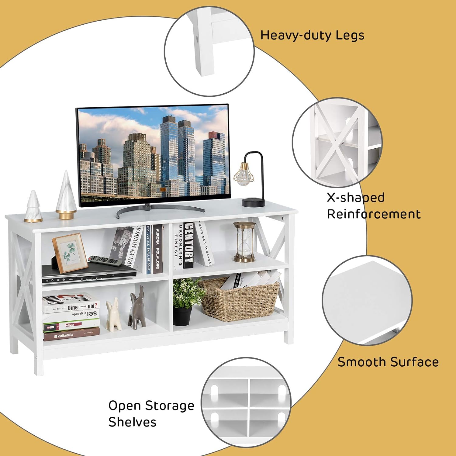 Tangkula White Farmhouse TV Stand Entertainment Center, 47 Inch, 4 Open Shelves, X-Frame - Image 6