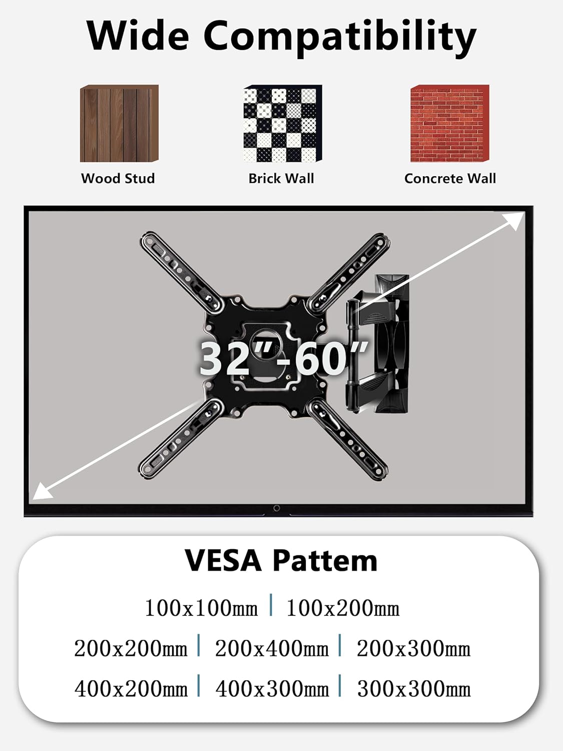 Articulating Full Motion 32-60 Inch TV Wall Mount Bracket, Extend Swivel Tilt, Up to 77 lbs, VESA 400x400 - Image 3