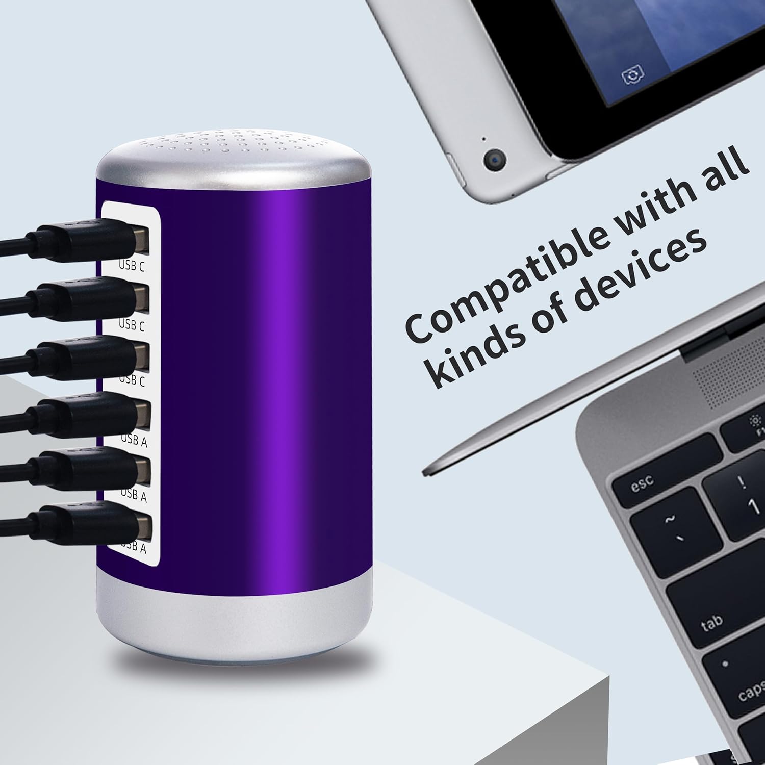 60W Purple 6-Port USB Charging Station with 3 USB-A and 3 USB-C Ports - Image 2
