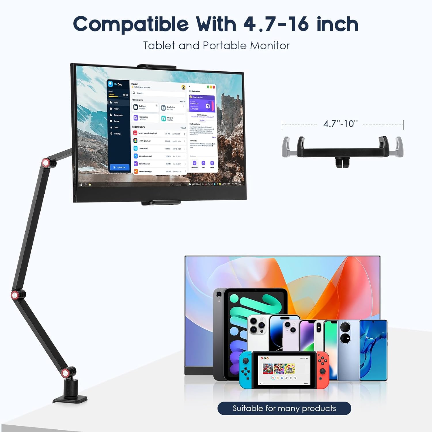 Adjustable Tablet and Monitor Stand Holder 15.6'' 16'' Desk Mount Fits 4.7-16" Devices - Image 4