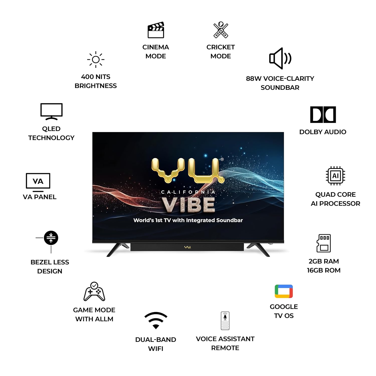 Vu 50 Inch Vibe Series QLED 4K Ultra HD Google TV Black - Image 3