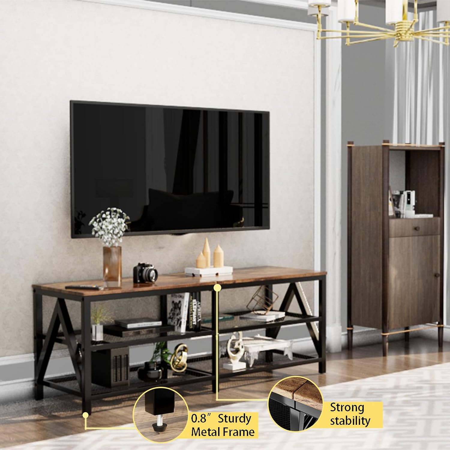 Rustic Brown 55 Inch TV Stand with 3 Tier Storage Shelves for Living Room - Image 5