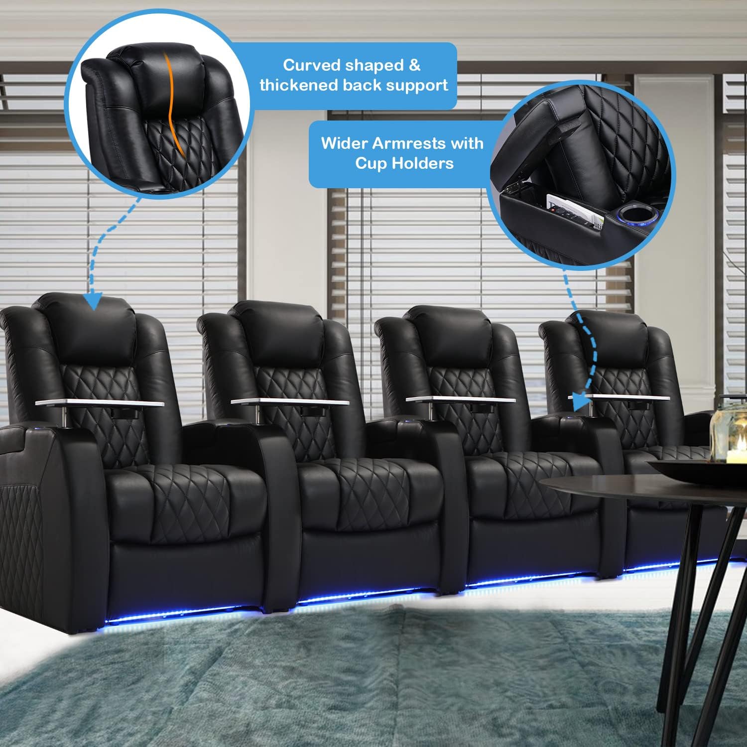 Black Top Grain Leather 4-Seat Home Theater Recliner Sofa with Power Headrest, Tray Table, and USB Charging - Image 8