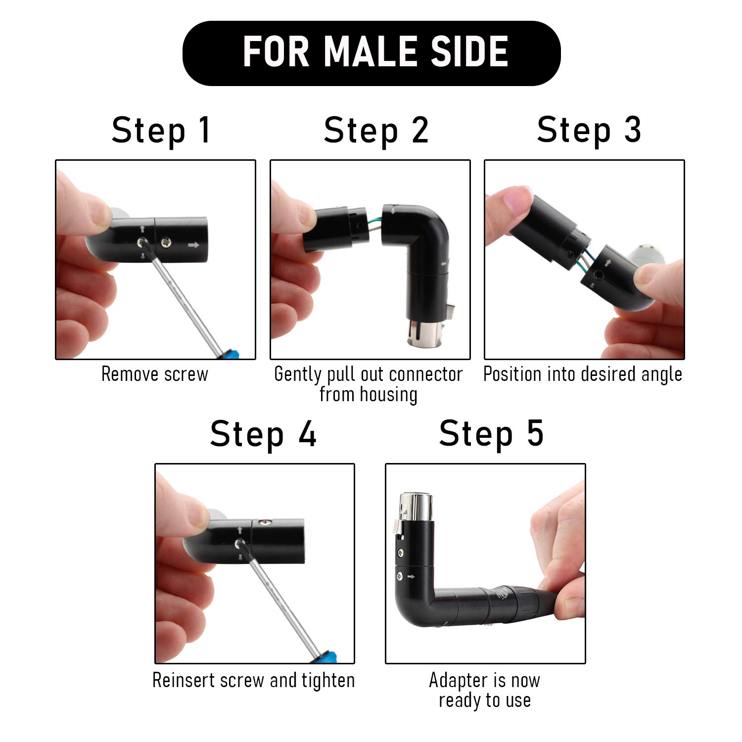 COLUBER CABLE 3-Pin XLR Angle Adapter, Dual Male Female L-Shape Metal Connector, 4 Positions for Microphones, Studio, Podcast Gear - Image 3