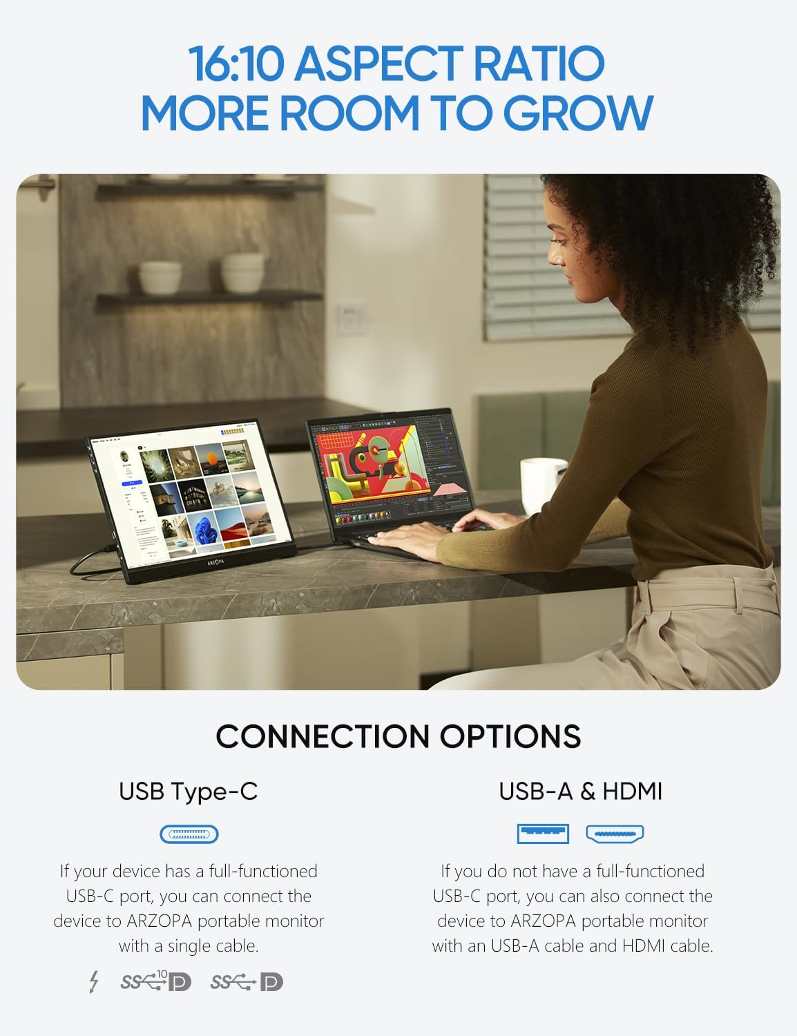 ARZOPA 16 Inch 2.5K QHD Portable Monitor 123% sRGB IPS Built-in Stand USB-C HDMI - Image 2