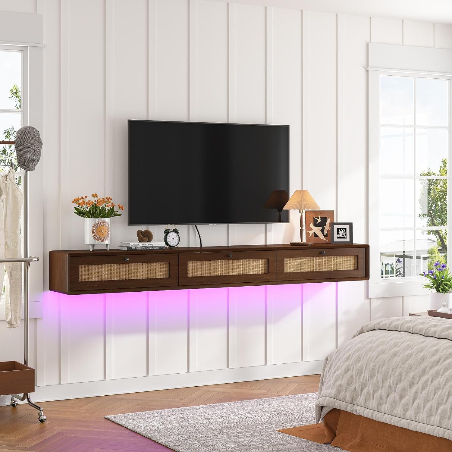 Rustic 55IN Floating TV Stand with 3 Rattan Doors, Modern Large Storage Media Console for Living Room - Image 7