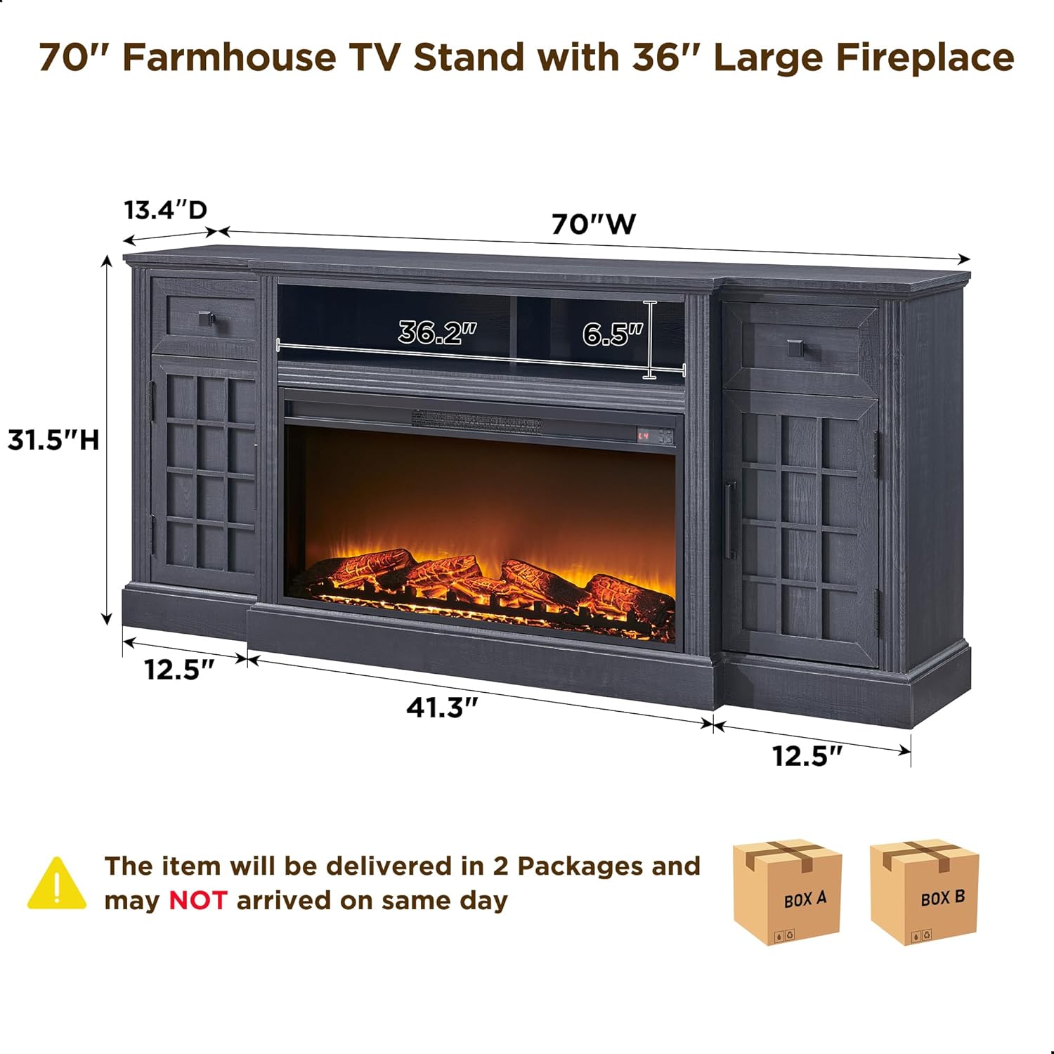 Farmhouse 70 Inch Black TV Stand with 36 Inch Electric Fireplace for TVs up to 80 Inches - Image 6