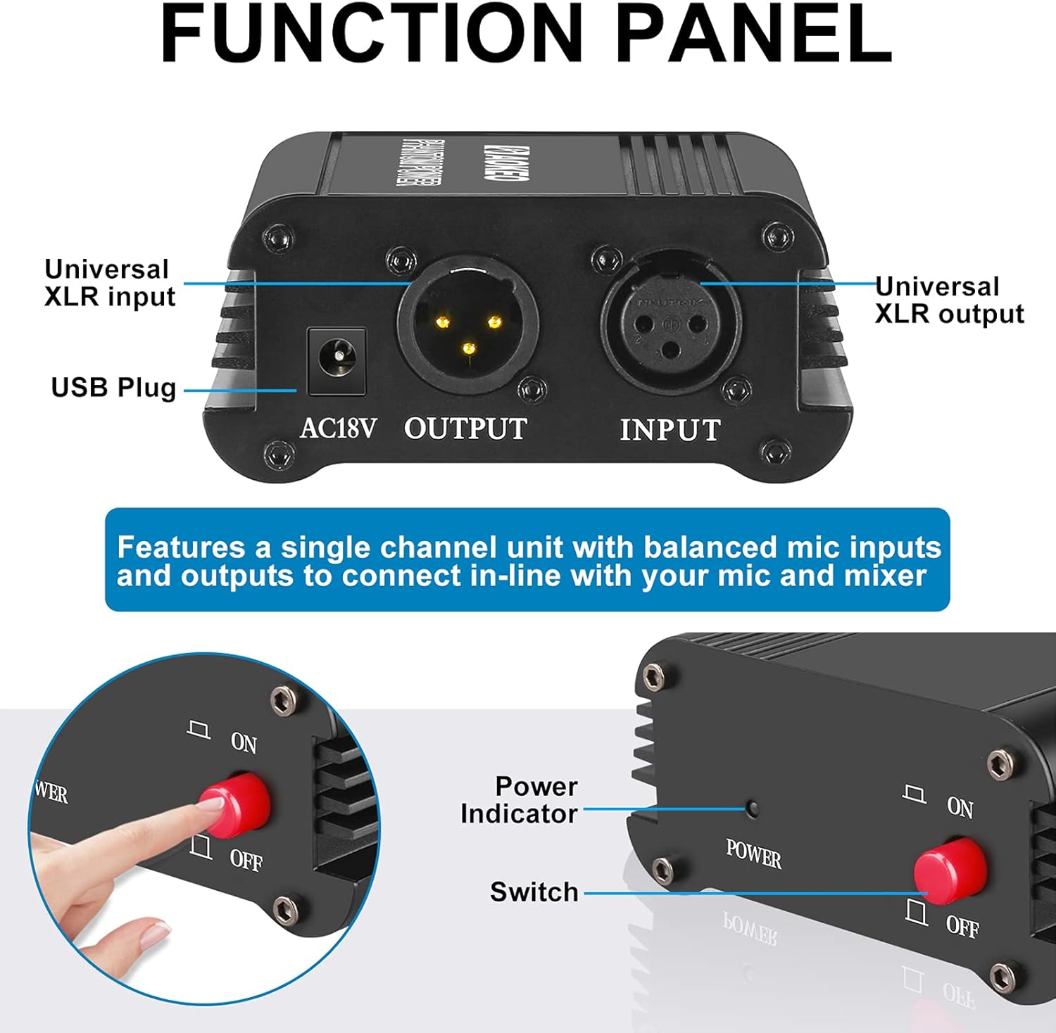 Aokeo 1-Channel 48V Phantom Power Supply with XLR Cable for Condenser Microphones - Image 5