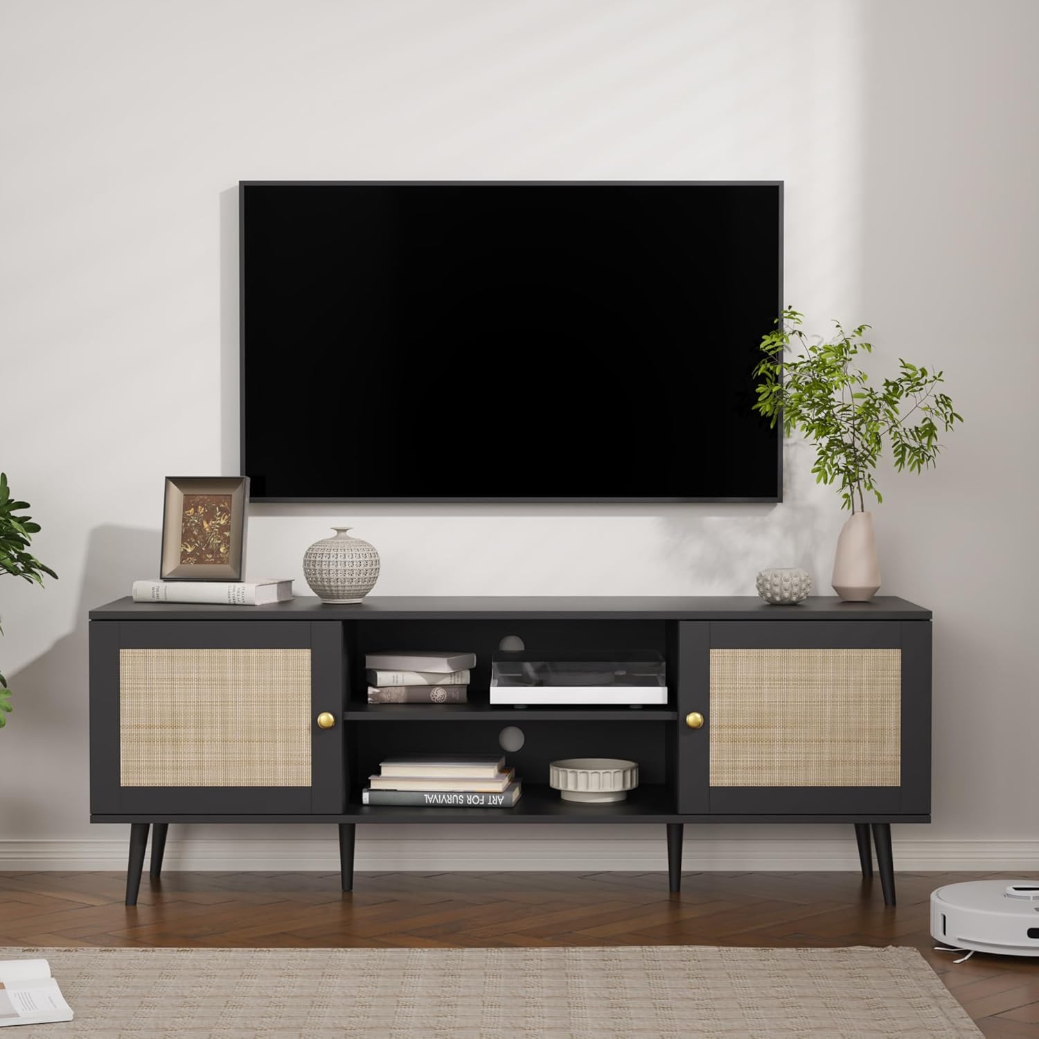Black 59 Inch Rattan TV Stand for 55-70 Inch TVs, Boho Media Console with Storage and Adjustable Shelf - Image 7