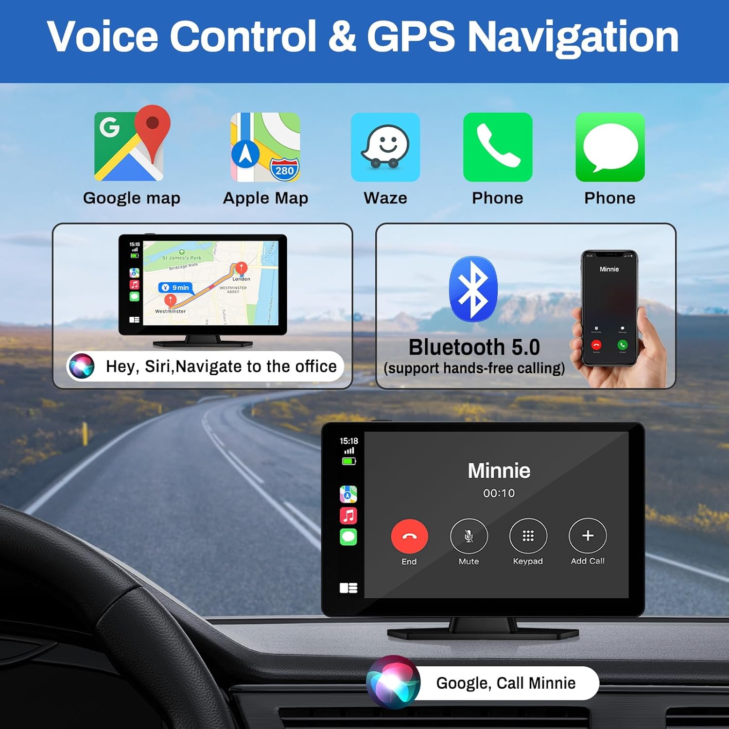 9 Inch Portable Wireless Carplay Android Auto Touchscreen with 4K Dash Cam & 1080p Backup Camera - Image 3