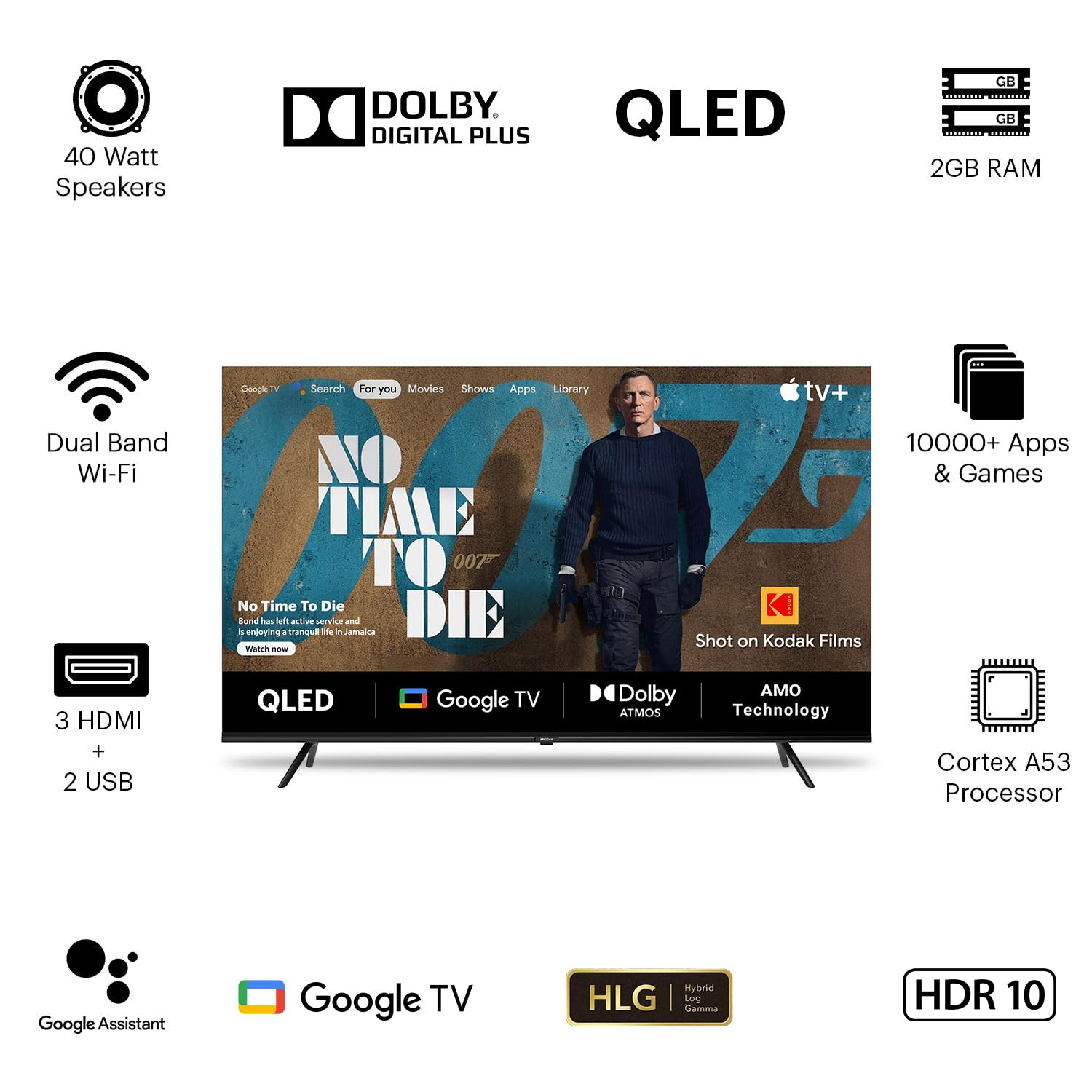 Kodak 55 Inch 4K Ultra HD Smart QLED Google TV 55MT5022 Black - Image 3