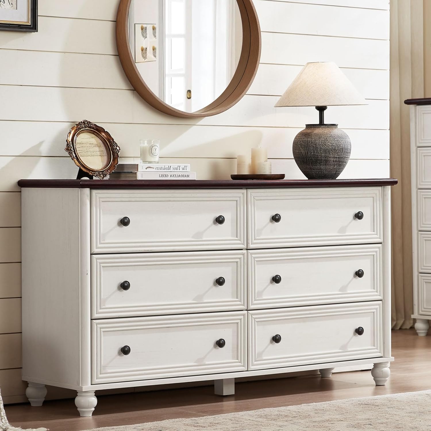 54 Inch Wide Farmhouse Wood Dresser with 6 Drawers Vintage Rustic Design for Bedroom Living Room - Image 4