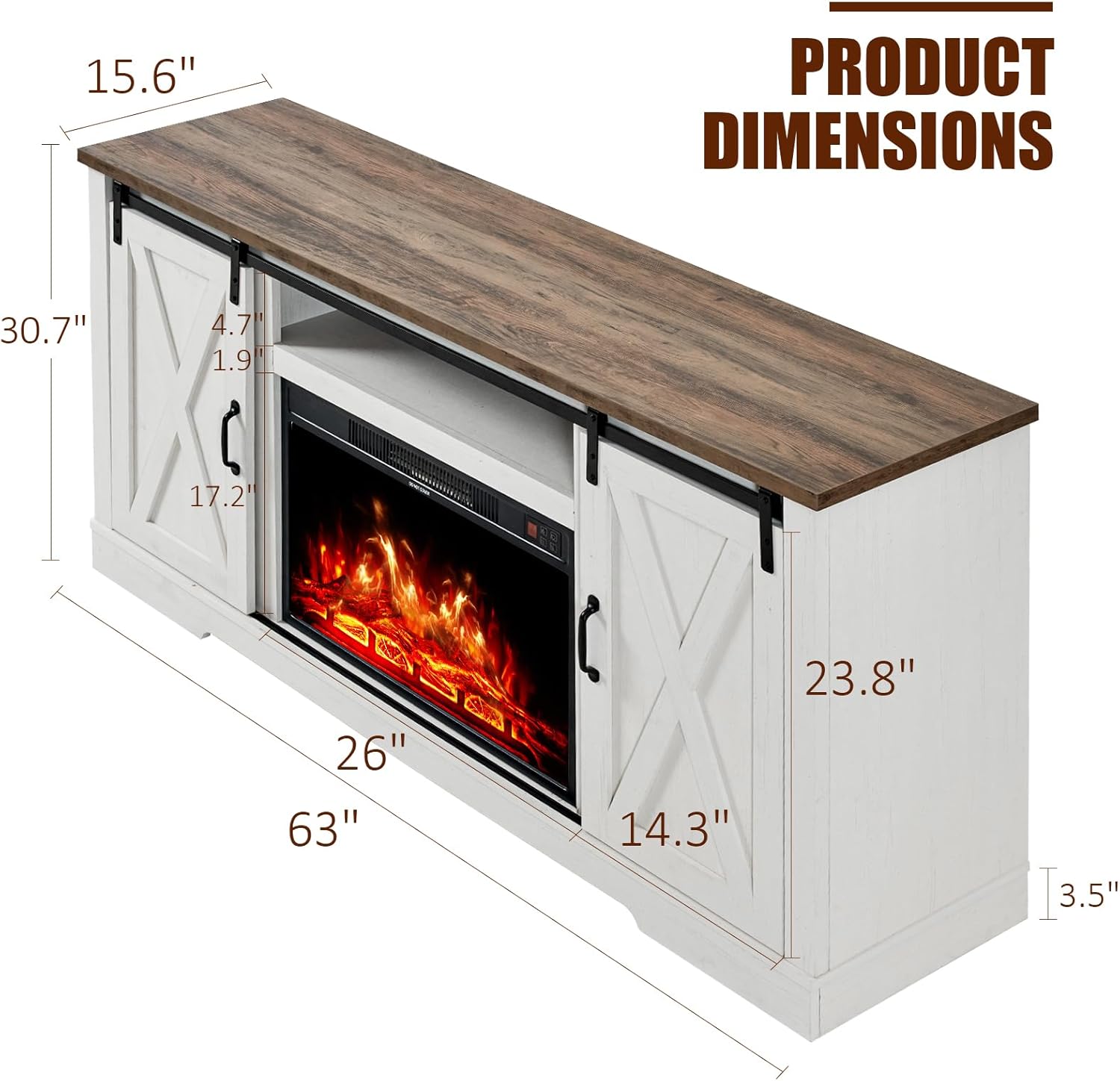 63-inch Farmhouse Fireplace TV Stand with Sliding Barn Door, Distressed White & Barnwood Finish, Holds TVs up to 73 Inches - Image 2