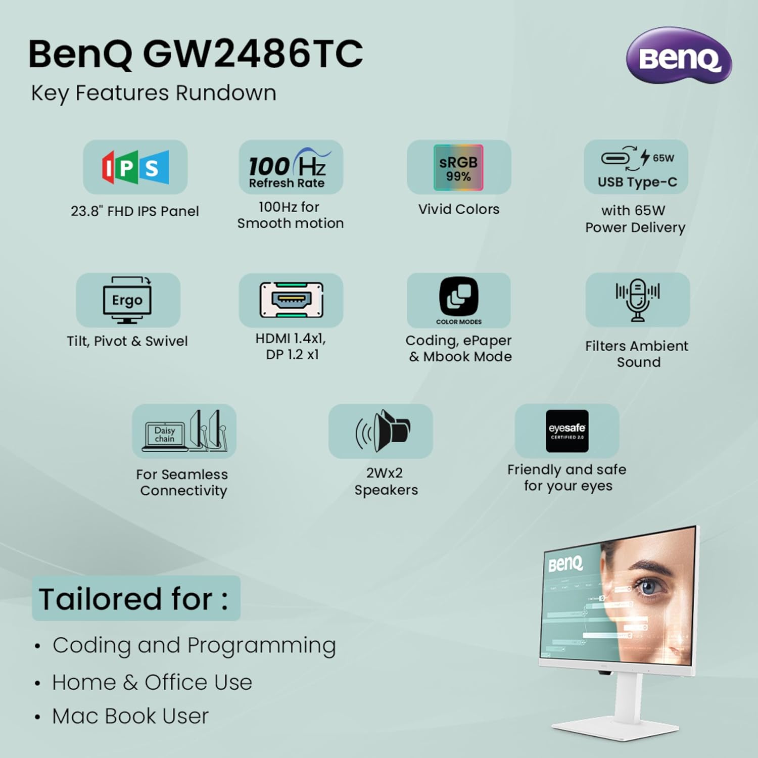 BenQ GW2486TC 24 Inch IPS 100Hz Full HD White Coding Monitor with USB-C 65W PD - Image 2