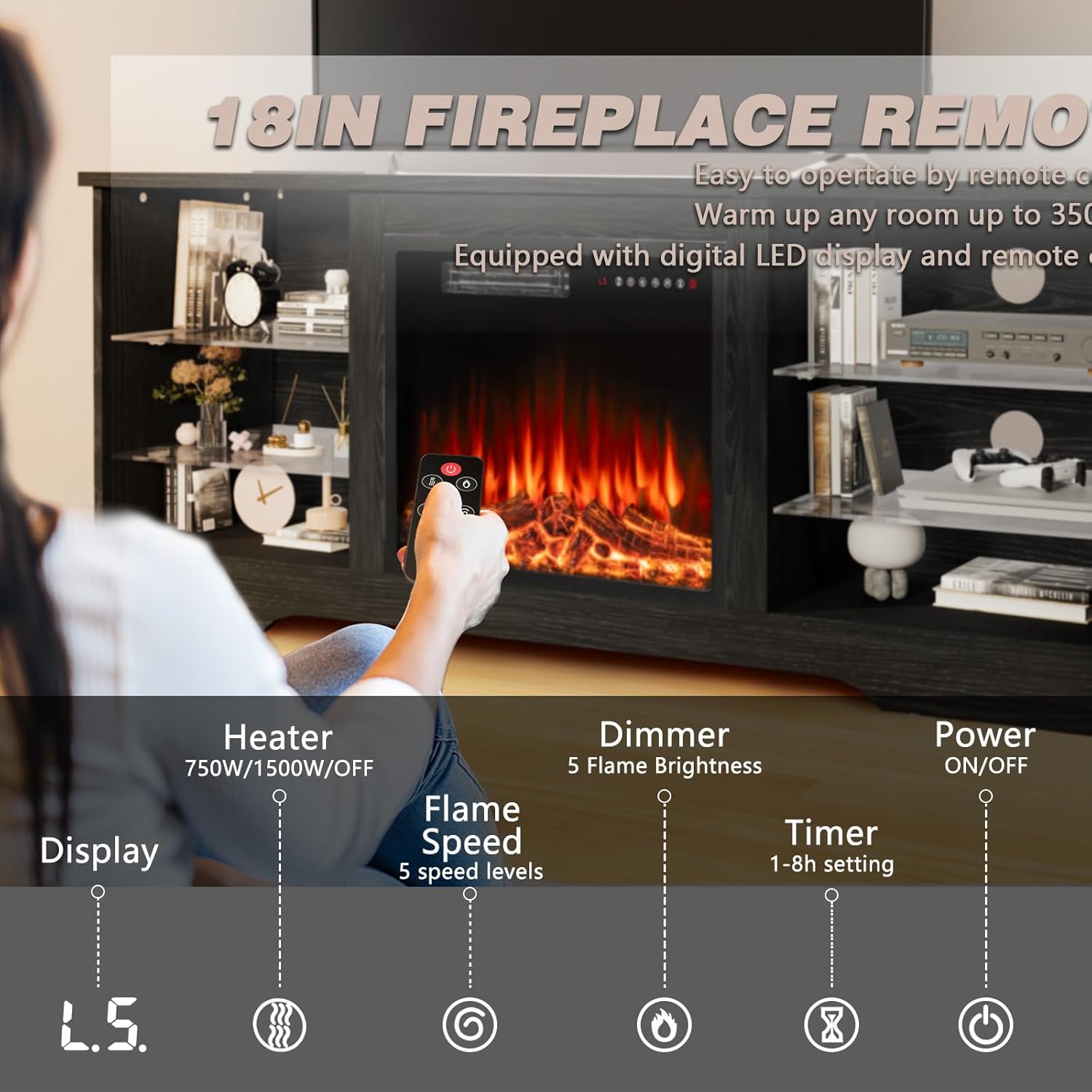 Lemberi 58 Inch Fireplace TV Stand for TVs up to 65 Inches Black Wooden Modern Entertainment Center with 18 Inch Electric Fireplace and LED Lights - Image 3