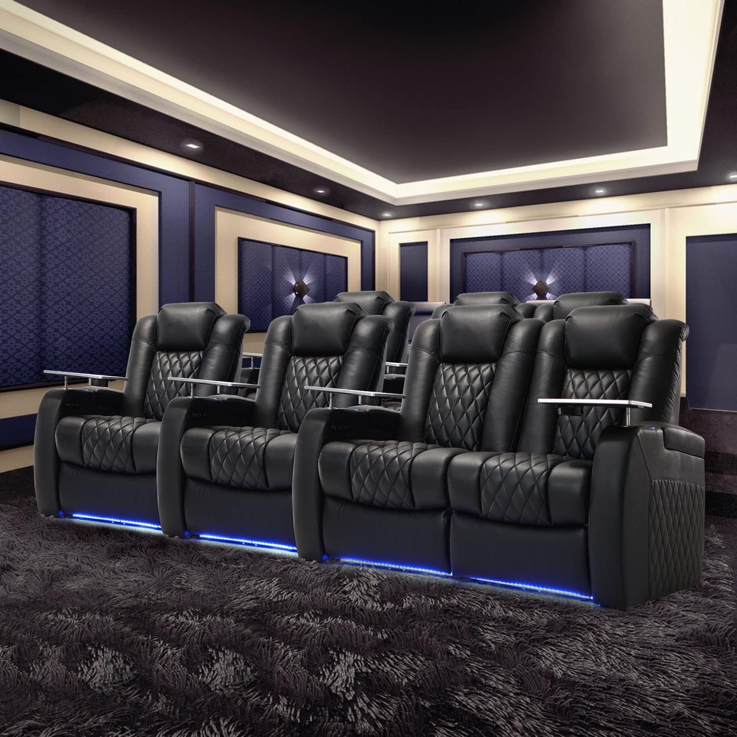 Black Top Grain Leather 4-Seat Home Theater Recliner Sofa with Power Headrest, Tray Table, and USB Charging - Image 2