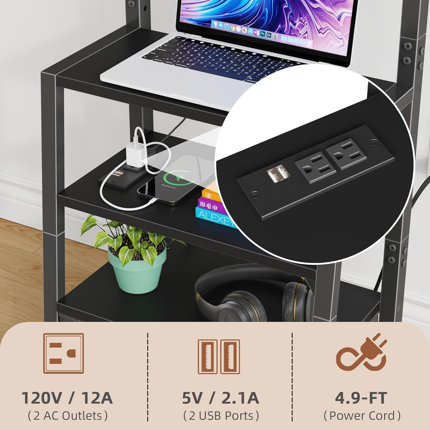 Rolling TV Stand with Mount and Fabric Drawer - 15 Inch Black Entertainment Center - Image 2