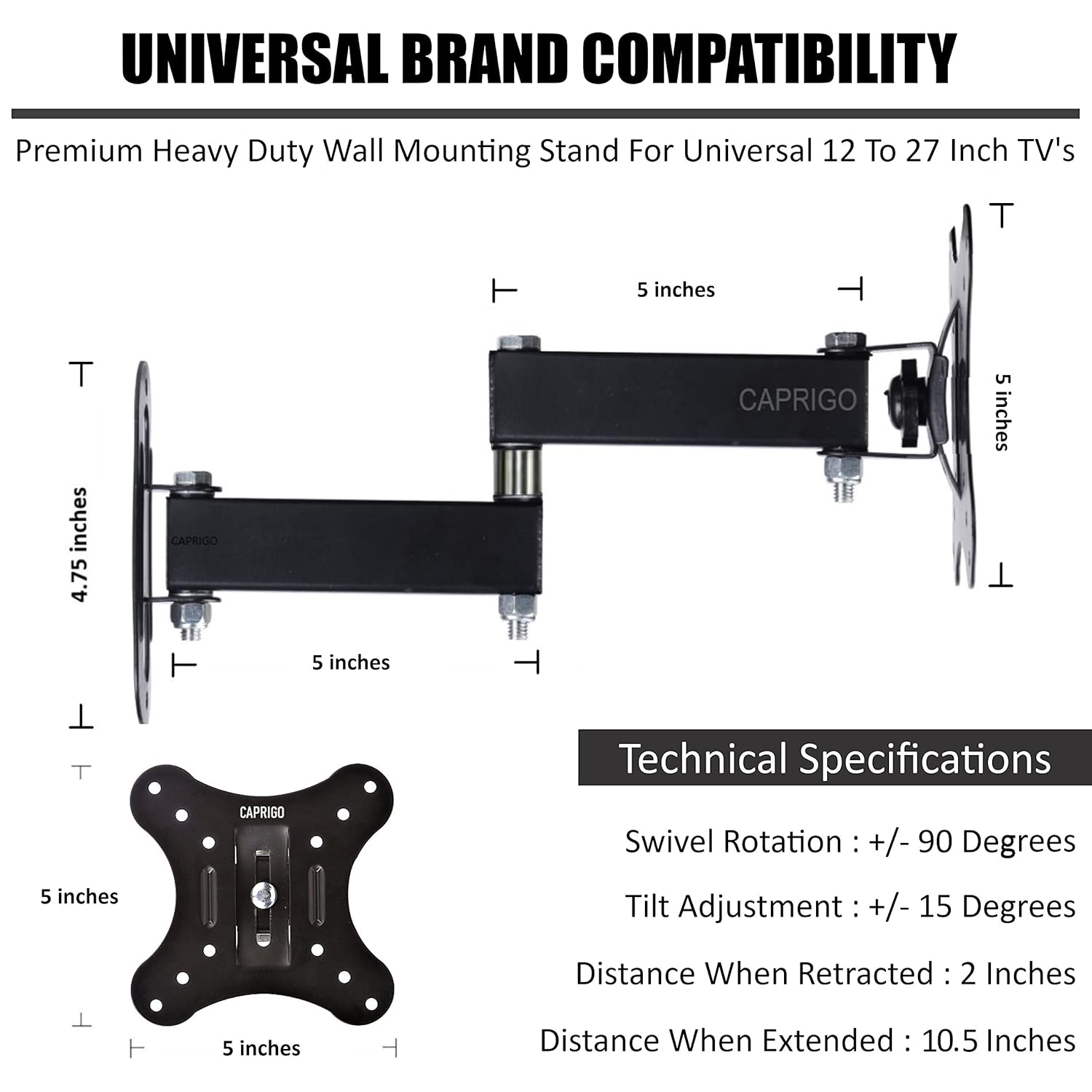 Caprigo Full Motion Rotatable TV Wall Mount for 12-27 Inch LED LCD Monitors - Image 7