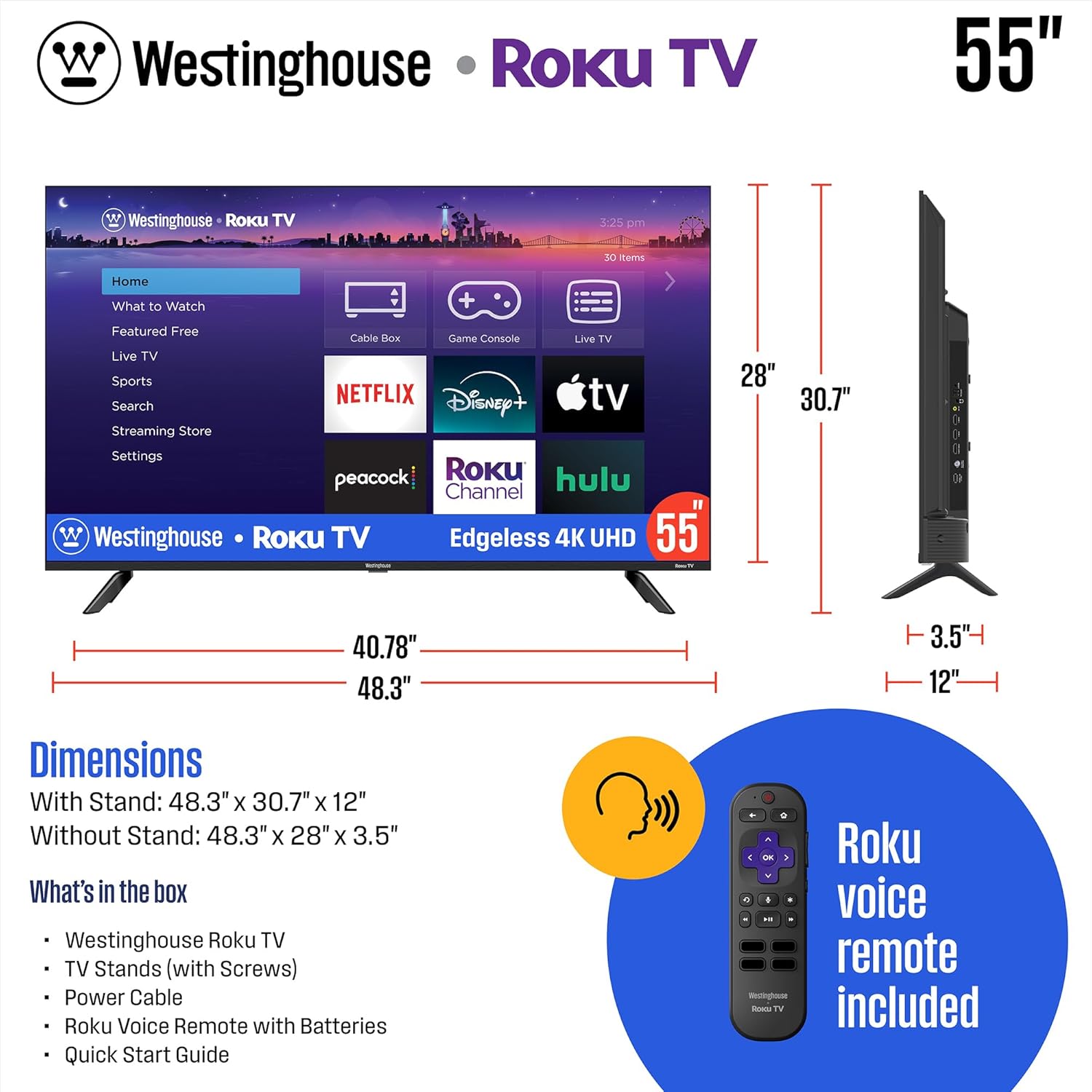 Westinghouse 55 Inch Edgeless 4K UHD Smart Roku LED TV HDR10 Wi-Fi Mobile App Compatible - Image 6
