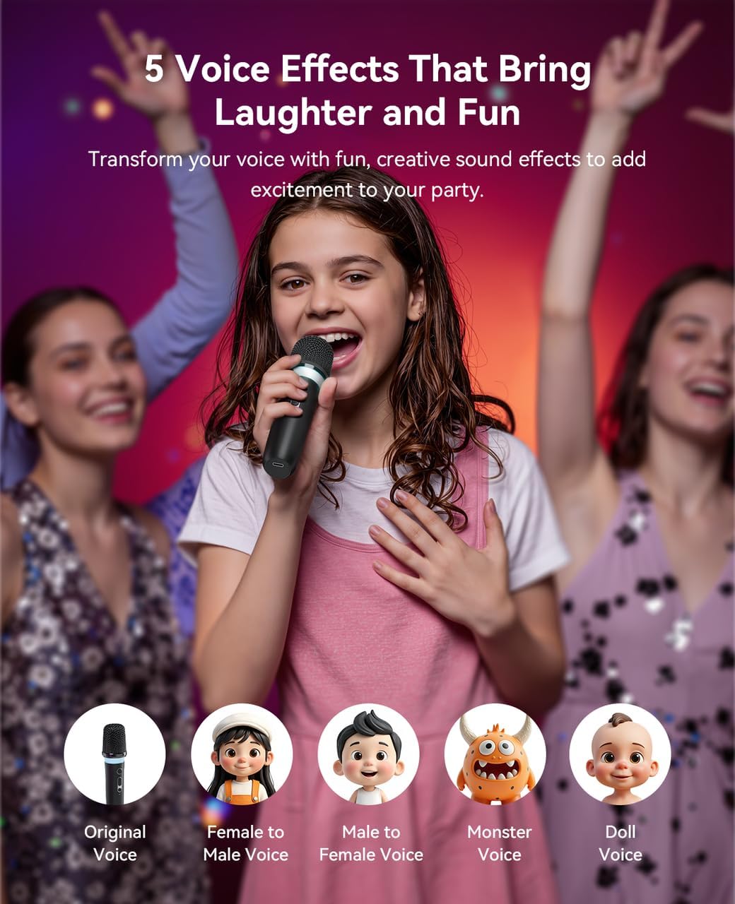 Portable Bluetooth Karaoke Machine for Parties with 2 Wireless Mics, 200W Speaker, Magic Voices & RGB Lights - Image 4