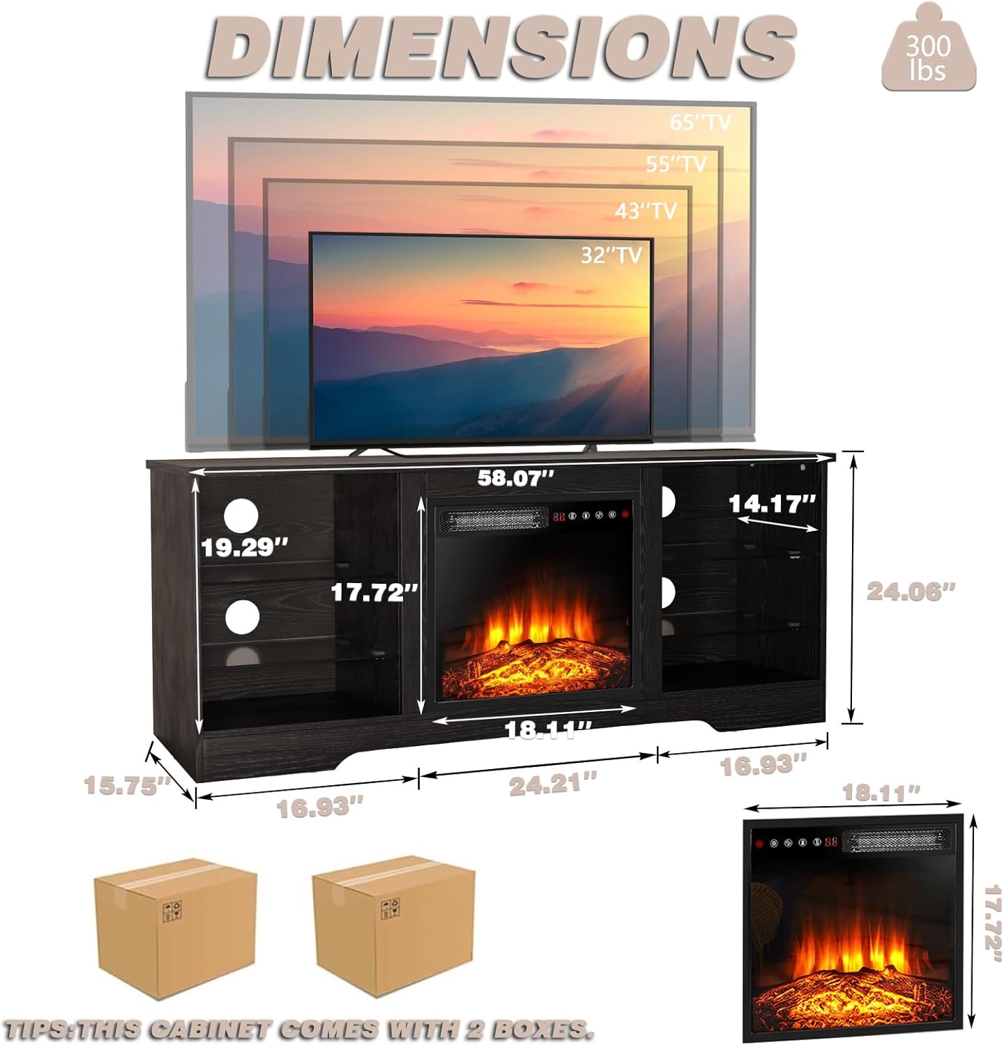 Lemberi 58 Inch Fireplace TV Stand for TVs up to 65 Inches Black Wooden Modern Entertainment Center with 18 Inch Electric Fireplace and LED Lights - Image 7