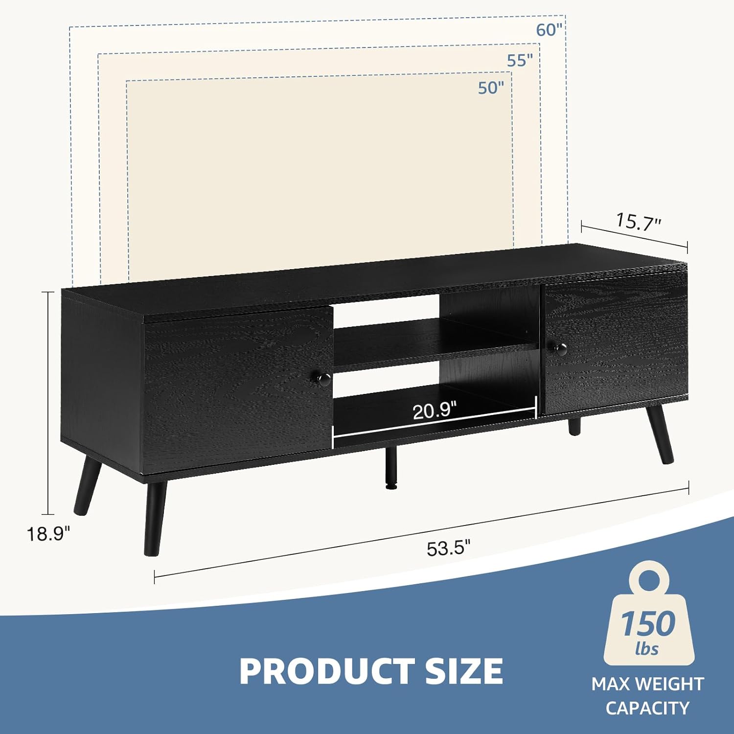 DUMOS Black Mid Century Modern TV Stand for 55-60 Inch TVs with Storage Cabinet - Image 3