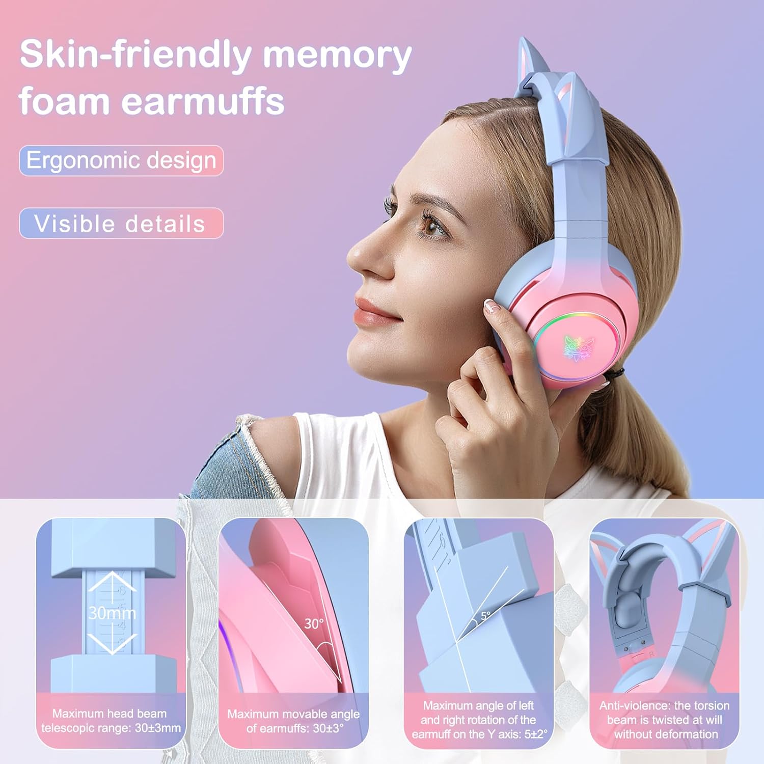 PHNIXGAM Gradient Pink Blue Cat Ear Gaming Headset for PS5, PS4, Xbox One with RGB Backlight and Retractable Microphone - Image 2